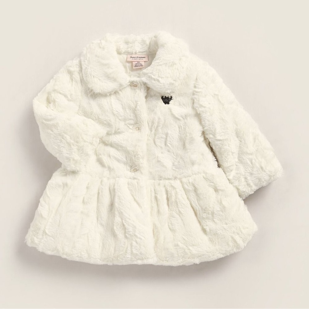 Juicy Couture 💕 White Cream Jacket Logo Plate Faux Fur Coat Peplum Sz 4T 🤍